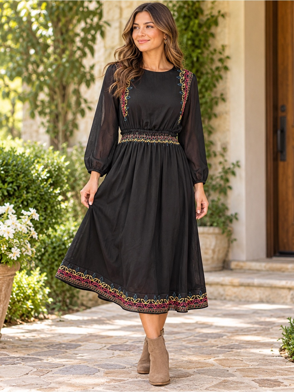 Umgee Black Embroidered Midi Dress Womens M Boho Floral Long Sleeve Peasant